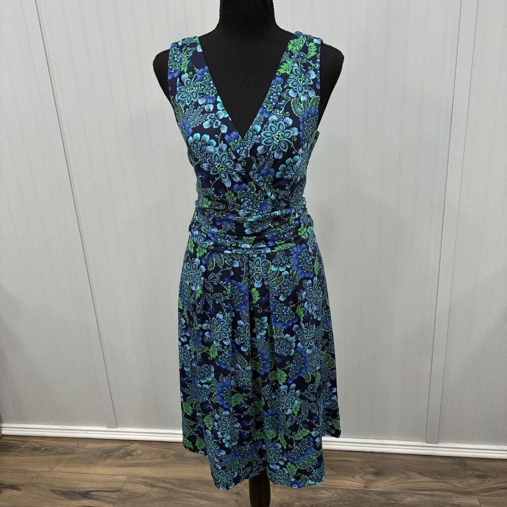 Talbots Women's Size 6 Blue/Green Floral Ruched V-Neck Dress Coastal Preppy